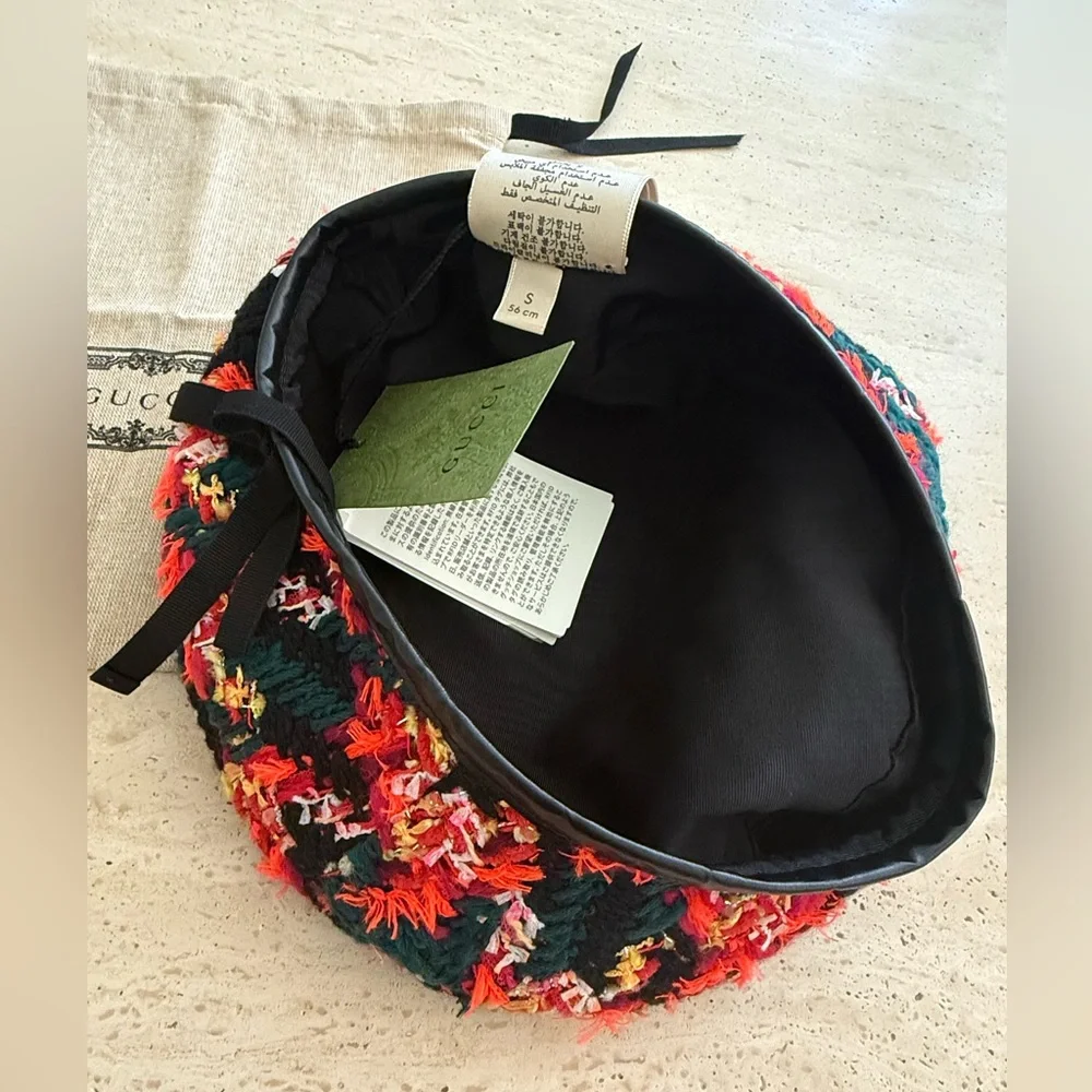 NWT GUCCI LAME BERET CAP Check Lame Sz S Multicolour Orange Tweed